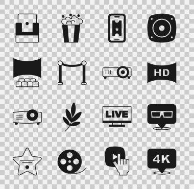 4k Ultra HD, 3D sinema gözlükleri, HD film, bant, çerçeve, bilet çevrimiçi, ip engeli, sinema salonu, sandalye ve film, film, medya projektörü ikonu. Vektör