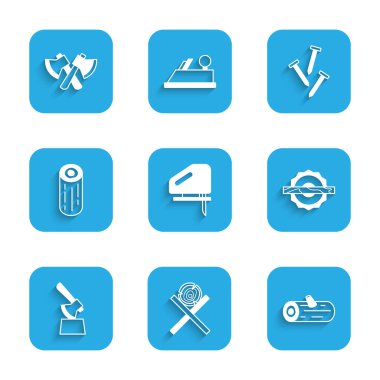 Elektrikli yap-boz, tahta kütükler, dairesel, kütükte balta, metal çiviler ve ikon. Vektör