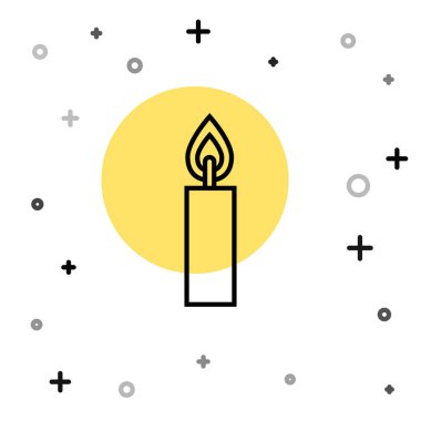 Beyaz arkaplanda siyah çizgi yanan mum simgesi izole edildi. Silindirik mum çubuğu ve yanan ateş. Rastgele dinamik şekiller. Vektör