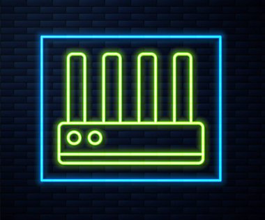 Parlayan neon hat Router ve wi-fi sinyal ikonu tuğla duvar arka planında izole edildi. Kablosuz ethernet modem yönlendirici. Bilgisayar teknolojisi interneti. Vektör