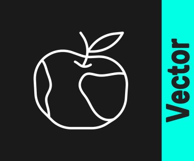 Apple 'ın beyaz çizgi simgesi siyah arkaplanda izole edildi. Fazla kilolu. Sağlıklı diyet menüsü. Fitness diyeti elması. Vektör