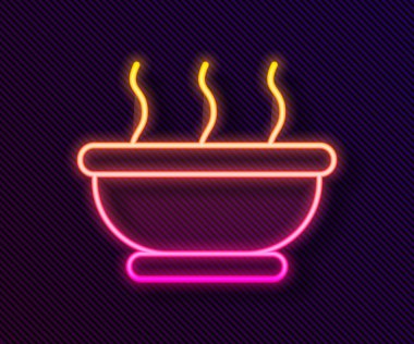 Siyah arka planda izole edilmiş parlak neon çizgisi sıcak çorba ikonu kasesi. Vektör
