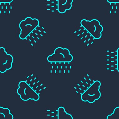 Yağmur ikonlu yeşil çizgi bulutu mavi arka planda izole edilmiş pürüzsüz desen. Yağmur damlaları ile yağmur bulutu yağışı. Vektör