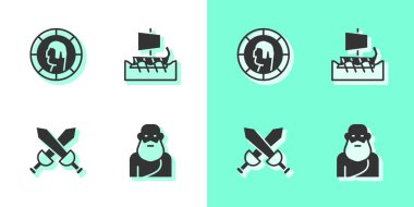 Sokrates 'i, Antik Yunan sikkesini, Orta Çağ kılıcını ve trireme ikonunu ayarla. Vektör