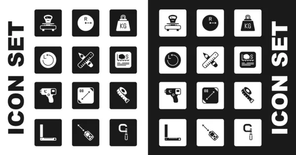 Gewicht, Lineal und Bleistift, Radius, Waage, Flächenmessung, Maßband und digitales Thermometer-Symbol einstellen. Vektor — Stockvektor