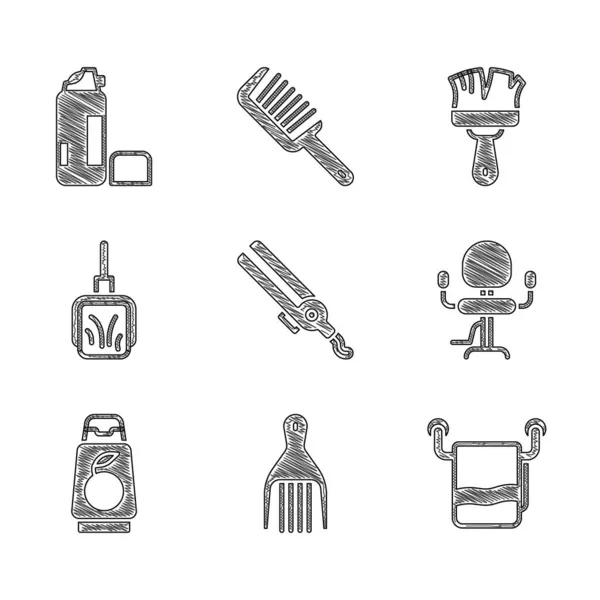 Hajsütővas, Barrette, Törülközőtartó, Barbershop szék, Sampon üveg, Dustpan, Borotvaecset és zselé hab ikon. Vektor — Stock Vector