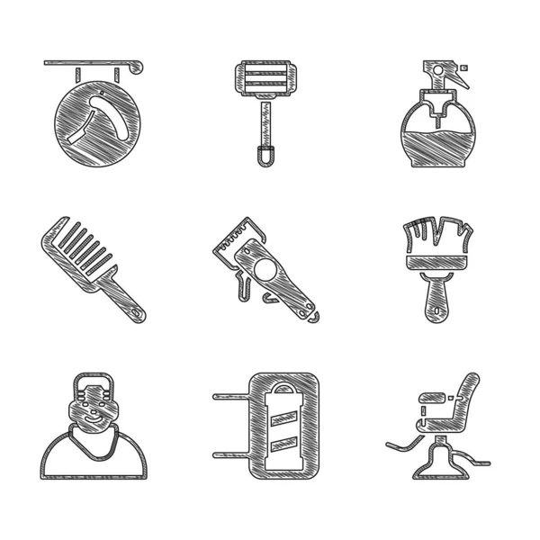 Set Elektrische Haarschneidemaschine, Friseurgeschäft Stange, Barbershop Stuhl, Rasierpinsel, Client-Friseur, Haarbürste, Friseurpistole Sprühflasche und mit Rasiermesser-Symbol. Vektor — Stockvektor