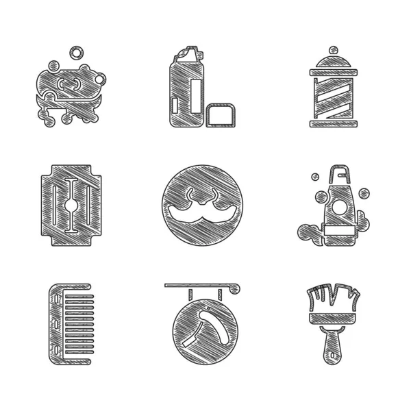 Set Mustache, Peluquería con maquinilla de afeitar, Cepillo de afeitar, Botella de champú, Cepillo de pelo, Hoja, poste y jabón icono de espuma. Vector — Archivo Imágenes Vectoriales