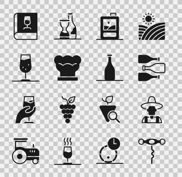 Set Víno vývrtka, Farmář klobouk, Láhve vína, Kartónová krabice, Kuchař, sklo, Kniha o a ikona. Vektor — Stockový vektor