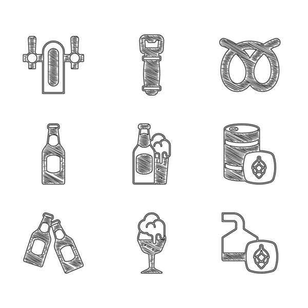 ビールボトルとガラス、ビールのガラス、醸造プロセス、金属ケグ、プレッツェル、タップアイコンを設定します。ベクトル — ストックベクタ