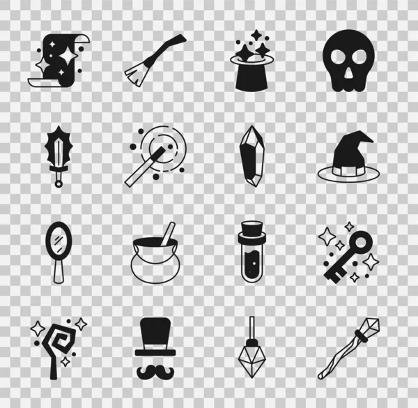 Set Magic hole, Starý magický klíč, Čarodějnice klobouk, hůlka, meč v ohni, svitek a kámen ikona. Vektor — Stockový vektor