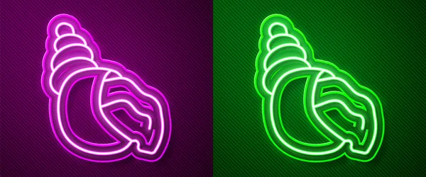 Ragyogó neon vonal Scallop tengeri kagyló ikon elszigetelt lila és zöld háttér. Tengeri kagyló jel. Vektor — Stock Vector