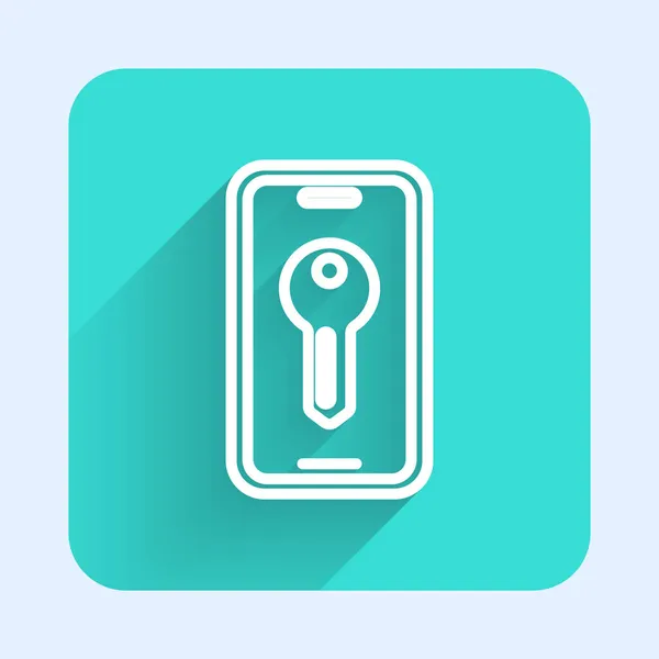 Witte lijn Smart key icoon geïsoleerd met lange schaduw. Groene vierkante knop. Vector — Stockvector