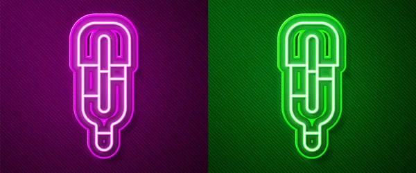Ragyogó neon vonal Orvosi hőmérő orvosi vizsgálathoz ikon elszigetelt lila és zöld alapon. Vektor — Stock Vector