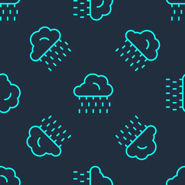 Linha verde Nuvem com ícone de chuva isolado padrão sem costura no fundo azul. Precipitação de nuvens de chuva com gotas de chuva. Vetor — Vetor de Stock