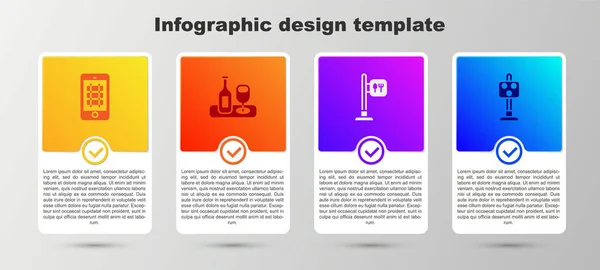 Set Compre bilhetes de comboio online, garrafa de vinho com vidro, Café e restaurante e semáforo. Modelo de infográfico de negócios. Vetor — Vetor de Stock