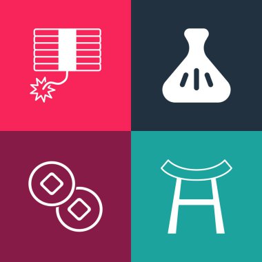 Pop sanat Japon Kapısı, Çin Yuan para birimi, Dumpling ve Havai fişek ikonu. Vektör