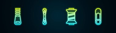 Fermuar, iplik, dikiş ipliği ve emniyet iğnesi ayarlayın. Parlayan neon ikonu. Vektör