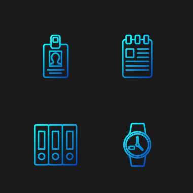 Bilek saatini, ofis dosyalarını, kimlik kartını ve Spiral not defterini ayarla. Renk simgeleri. Vektör