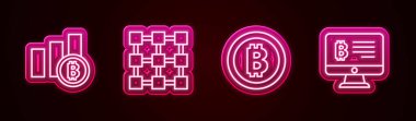 Çizgi çizgisi grafiksel bitcoin, Blockchain teknolojisi, Bitcoin ve Madencilik 'i monitörden ayarla. Parlayan neon ikonu. Vektör