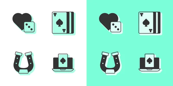 Set Online-Pokertischspiel, Spielwürfel, Hufeisen und Kartenspiel-Symbol. Vektor — Stockvektor