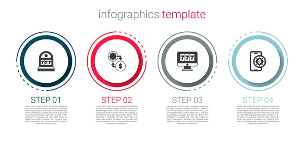 Conjunto de la máquina tragaperras con jackpot, Casino fichas de intercambio de dinero, tragaperras en línea y juego de mesa de póquer. Plantilla de infografía empresarial. Vector — Vector de stock