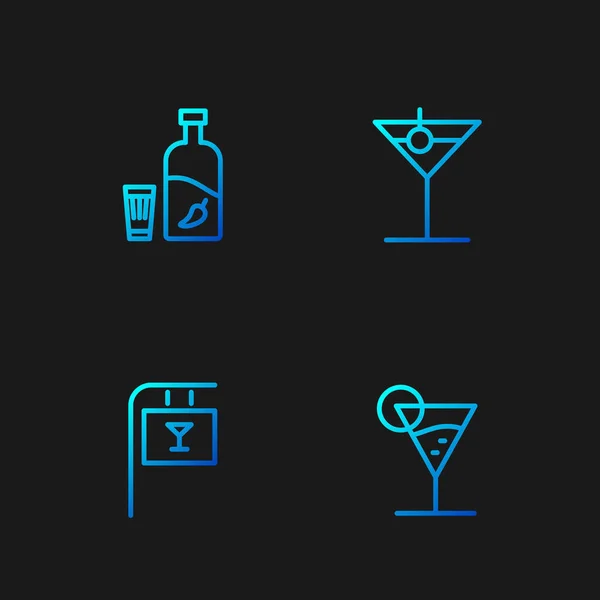 Setzeile Martini-Glas, Straßenschild mit Bar, Wodka-Pfeffer und und. Farbverlauf-Symbole. Vektor — Stockvektor