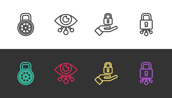 Set line Sicheres Zahlenschloss, Eye Scan, Lock Hand und Cyber Security auf schwarz-weiß. Vektor — Stockvektor