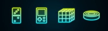 Sıra Domino, Tetris, Rubik Küp ve Checker oyun çiplerinde. Parlayan neon ikonu. Vektör