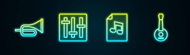 Set hattı Trompet, Ses Karıştırıcı denetleyici, notalı müzik kitabı ve Banjo. Parlayan neon ikonu. Vektör