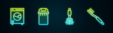 Çamaşır makinesi, çöp tenekesi, tuvalet fırçası ve diş fırçası. Parlayan neon ikonu. Vektör