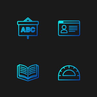 Çizgi Protractor ızgarası, Açık Kitap, Kabartma tahtası ve Çevrimiçi sınıf ayarla. Renk simgeleri. Vektör