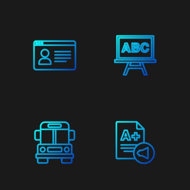 Sınav kağıdını A + notu, okul otobüsü, online sınıf ve tebeşir tahtası ile ayarla. Renk simgeleri. Vektör