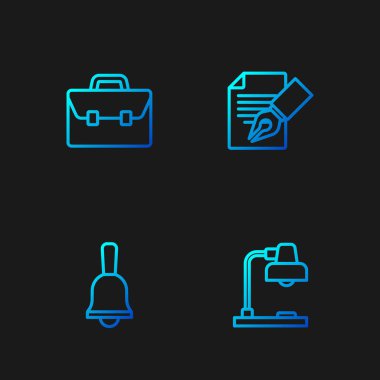 Masa lambası, zil, evrak çantası, sınav kağıdı ve kalem ayarlayın. Renk simgeleri. Vektör