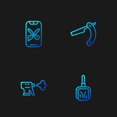 Faraş, kuaför tabancası sprey şişesi, berber internet servisi, platform ve düz jilet. Renk simgeleri. Vektör