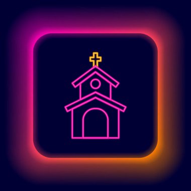 Parlayan neon hattı kilise binası simgesi siyah arka planda izole edildi. Hıristiyan Kilisesi. Kilisenin dini. Renkli taslak konsepti. Vektör