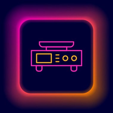 Parlayan neon hattı Elektronik ölçek simgesi siyah arkaplanda izole edildi. Ağırlık ölçüm aletleri. Renkli taslak konsepti. Vektör