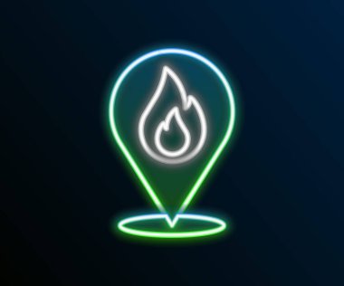 Siyah arkaplanda izole edilmiş ateş alev ikonu olan parlak neon çizgili harita işaretçisi. Yakında yangın var. Renkli taslak konsepti. Vektör