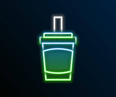 Siyah zemin üzerinde saman ve su ikonu olan parlak neon şeritli kağıt bardak. Soda bardağı. Taze soğuk içecek sembolü. Renkli taslak konsepti. Vektör