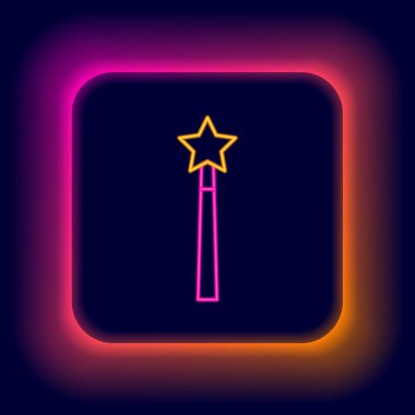 Parlayan neon hattı sihirli değnek simgesi siyah arkaplanda izole edildi. Yıldız şeklinde sihirli aksesuar. Sihirli güç. Renkli taslak konsepti. Vektör