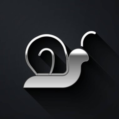 Gümüş Salyangoz simgesi siyah arkaplanda izole edildi. Uzun gölge tarzı. Vektör