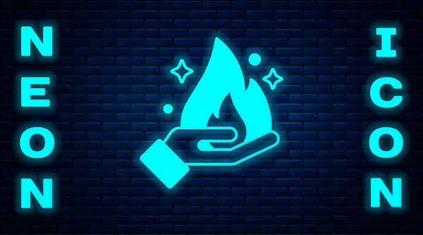 Glowing Neon Hand Holding Fire Icon Isolated Brick Wall Background — Stock Vector