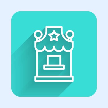 Beyaz çizgi bilet gişesi simgesi uzun gölge arkaplanı ile izole edildi. Eğlence ve spor için bilet satışı için bilet gişesi. Yeşil kare düğmesi. Vektör