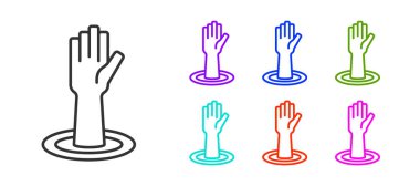 Siyah çizgi beyaz arkaplanda el simgesi oluşturulmasına yardımcı oluyor. Simgeleri renklendirin. Vektör