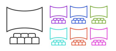 Beyaz zemin üzerinde ekran simgesi olan siyah çizgi sinema salonu. Simgeleri renklendirin. Vektör