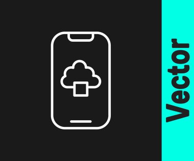 Beyaz çizgi Bulut teknolojisi veri transferi ve depolama simgesi siyah arka planda izole edildi. Vektör