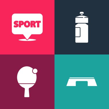 Pop Art Step platformu, raket ve top, fitness karıştırıcı ve konum jimnastik ikonu. Vektör.