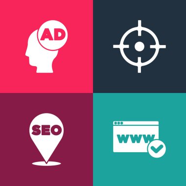 Pop sanatları web sitesi şablonunu, SEO optimizasyonunu, hedef spor ve reklam simgesini ayarla. Vektör.