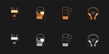 Boya fırçası, kova, renk palet rehberi ve gaz maskesi simgesini ayarla. Vektör