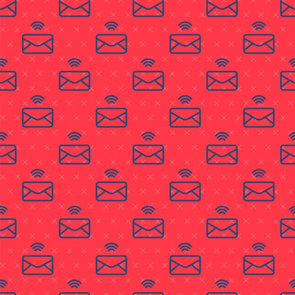 青いラインメールと電子メールのアイコンは 赤の背景にシームレスなパターンを隔離しました 記号メールを封筒に入れます メールメッセージのサイン ベクトル — ストックベクタ